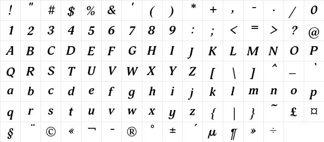 AdonisC Bold Italic  glyph index