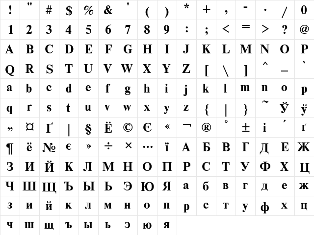 TimesET Bold  glyph index