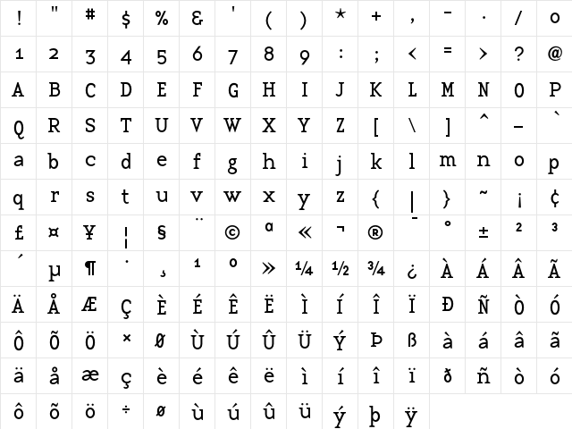 BaseTwelve Serif  glyph index