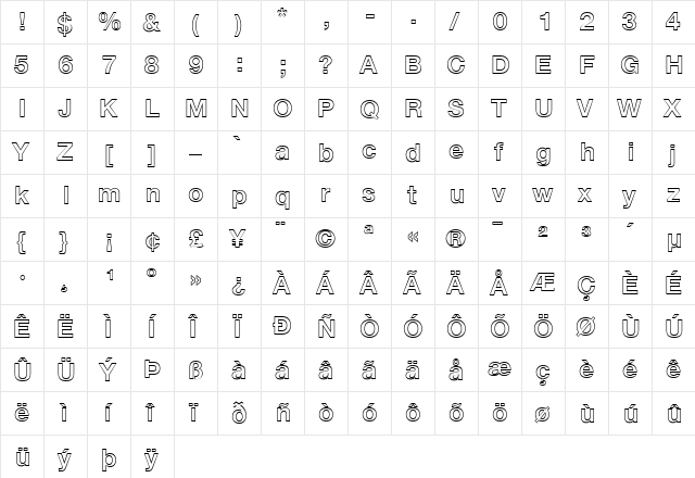 Helvetica75Outline Bold  glyph index