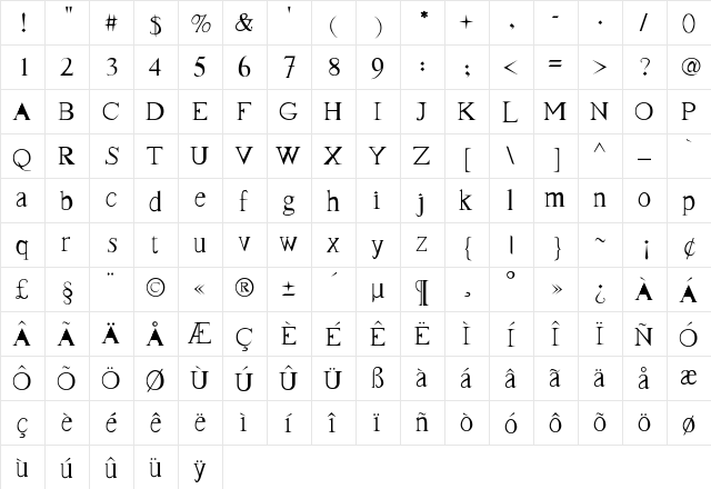 FrankTimes Regular  glyph index
