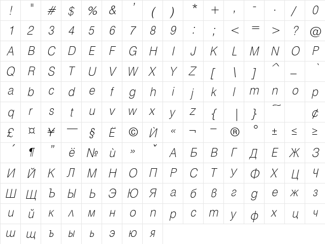 HebarExtraLight Italic  glyph index