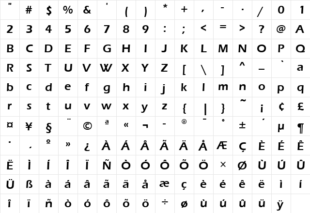 ErasBookITC Demi  glyph index