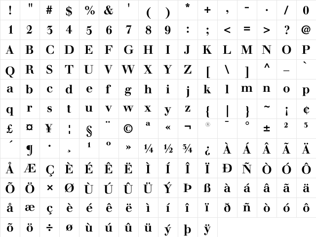 Justus Bold  glyph index