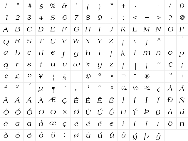 Americana LT Italic  glyph index