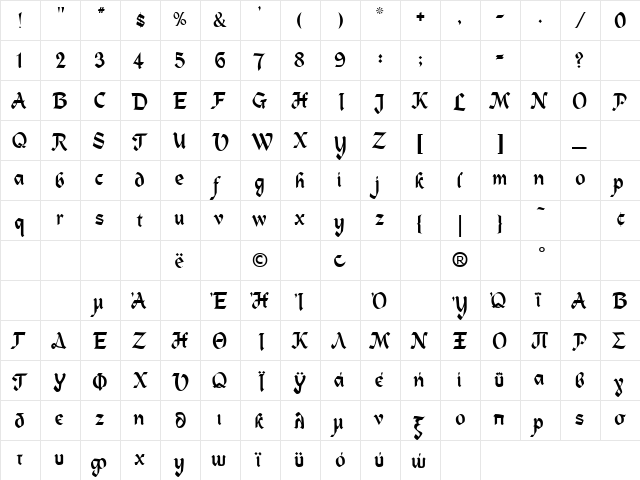 MSAlpine Normal  glyph index