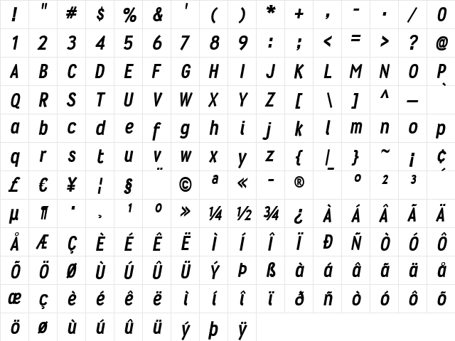 Wyvern Hvy Italic  glyph index