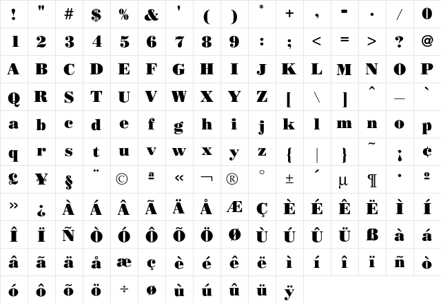 BodoniICG Poster  glyph index