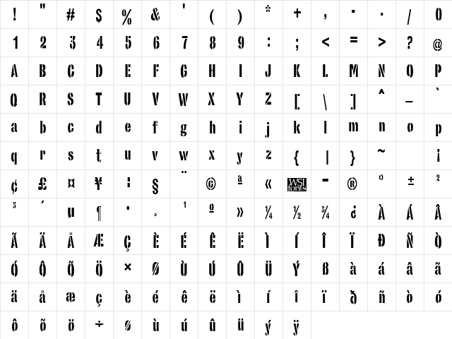 StencilSansCondensed Regular  glyph index