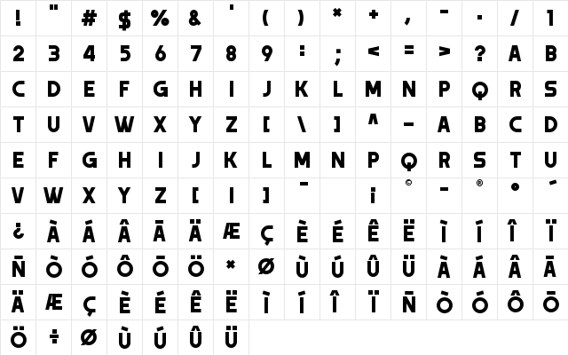 Trender Regular  glyph index