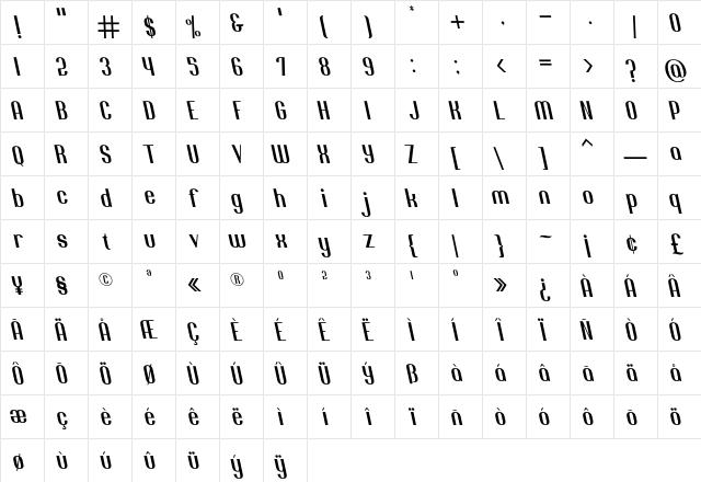 Jacob and son Tilted Regular  glyph index