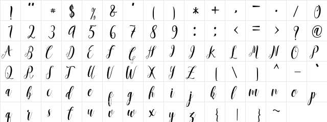 Mantana free Regular  glyph index