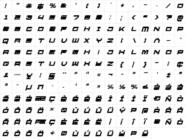U.S.S. Dallas Academy Italic Italic  glyph index