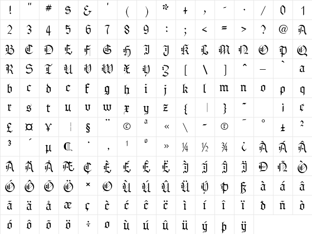Gothenburg Fraktur UMZ1 Regular  glyph index