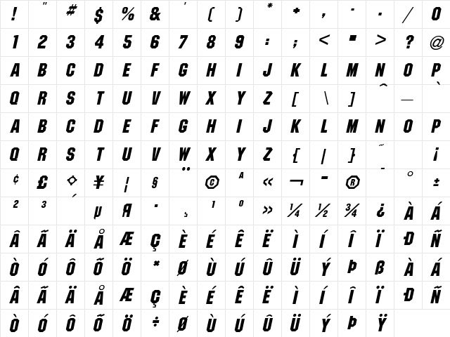 Pittsburgh Oblique  glyph index