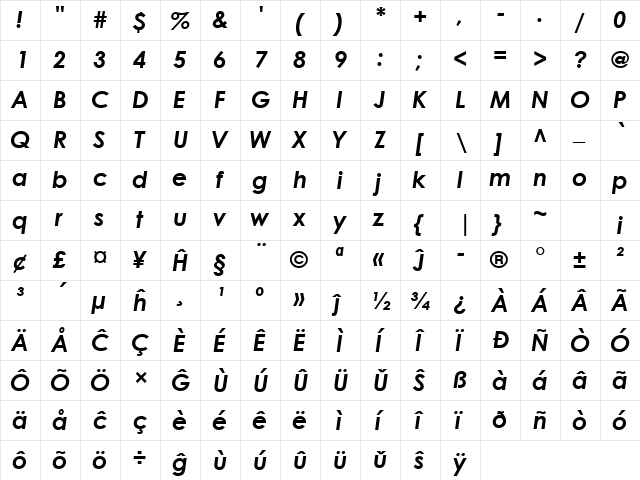 Century Gothic Eo Bold Italic  glyph index