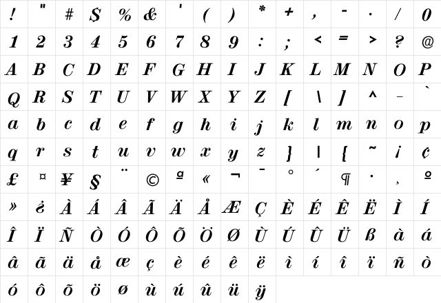 Ivalencia Bold  glyph index