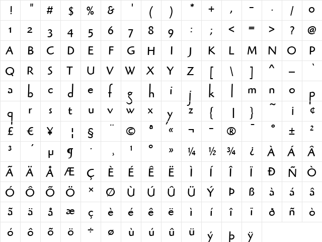 HighlanderITC Book  glyph index