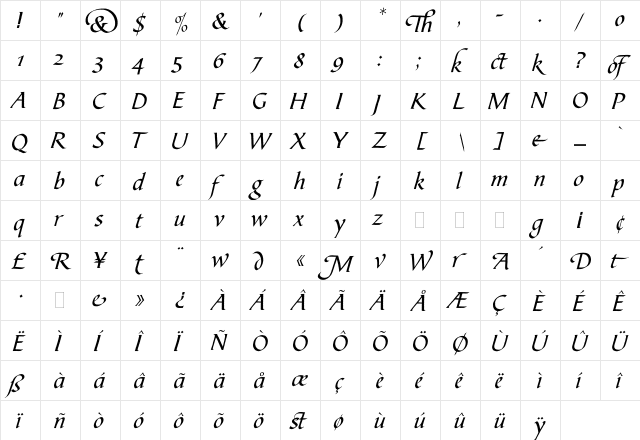 Bible Script Plain  glyph index