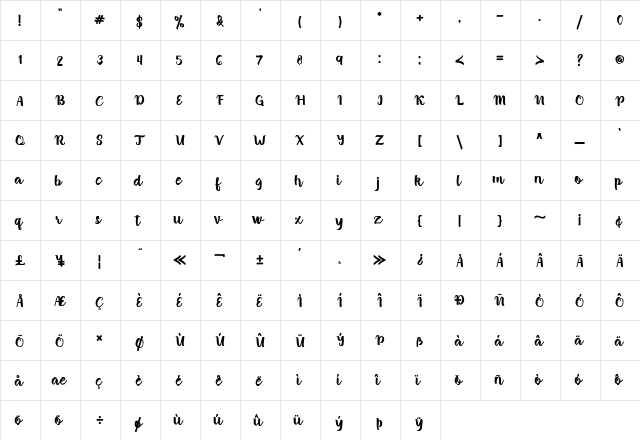 Brush Stroke Regular  glyph index