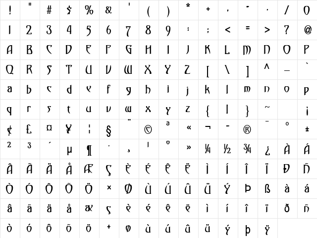 Saga-Condensed Bold  glyph index