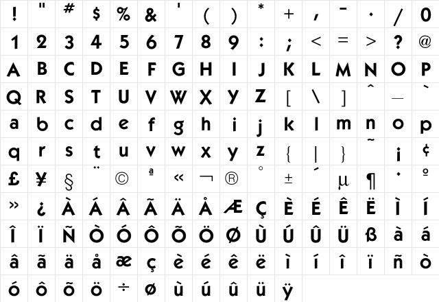 Kabel Demi  glyph index