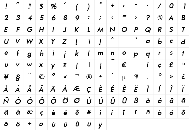 Limerick-MediumIta Regular  glyph index