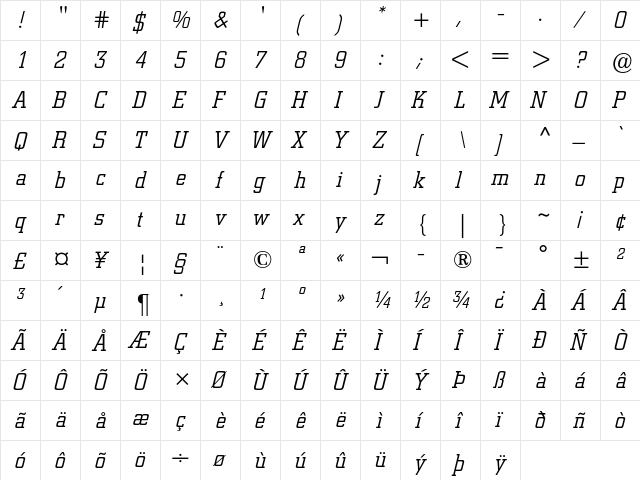 Berthold City Light Italic  glyph index
