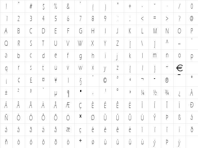 EricLiteThin Normal  glyph index