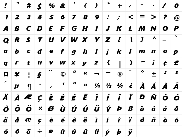 DeltaJaeger BoldItalic  glyph index