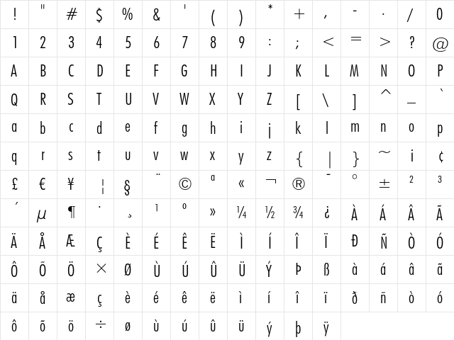 Futura Light Condensed  glyph index
