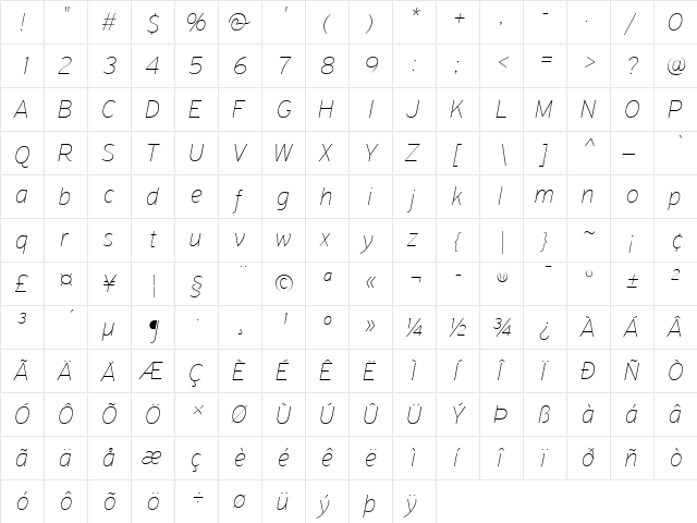 PF Highway Sans Pro Extra Thin Italic  glyph index