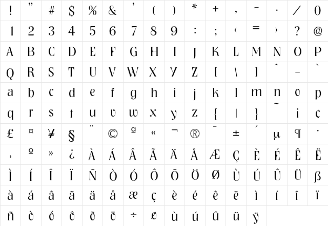 Nashville-Light Regular  glyph index