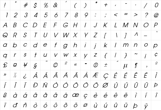 Stockton Italic  glyph index