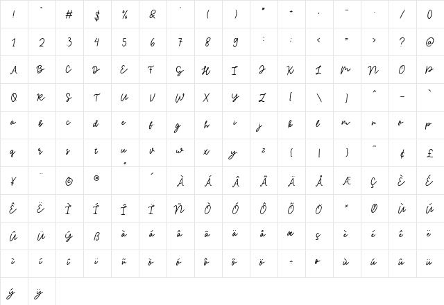 Magical_Shiny_Script Regular  glyph index