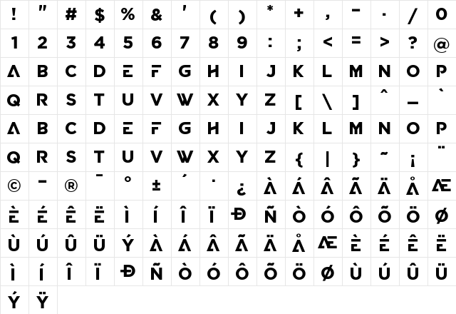 BABAPRO FONT Bold  glyph index