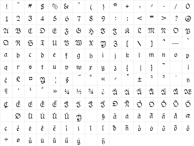 PhederFrack Regular  glyph index