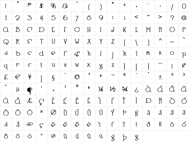 HeberlingCasualNF Bold  glyph index