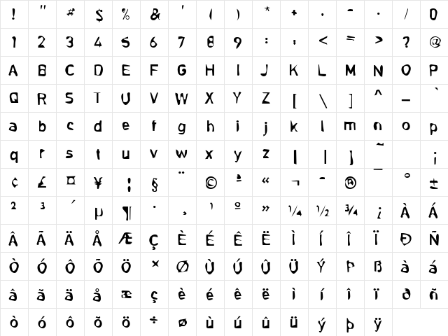 DTCDirtyM13 Regular  glyph index