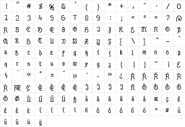 Horror Regular  glyph index
