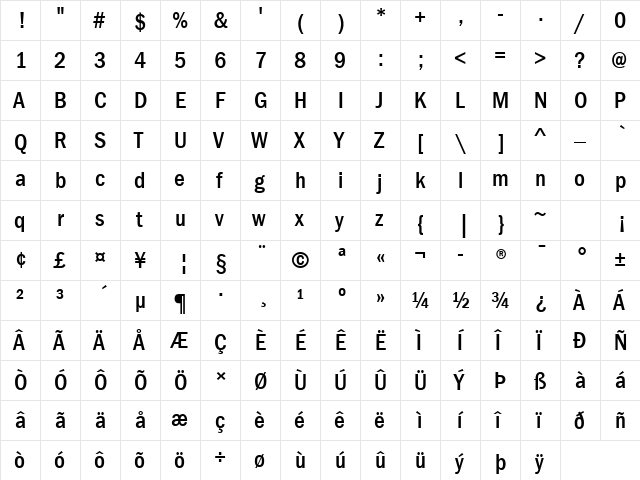 ITC Franklin Gothic LT Com Medium Condensed  glyph index