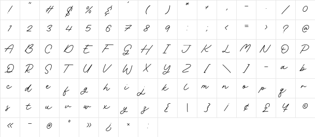 Rachel Bowie Regular  glyph index
