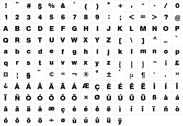 AG Buch BQ Regular  glyph index