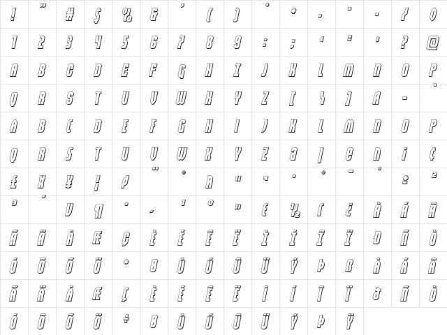 Valiant Times 3D Italic Regular  glyph index