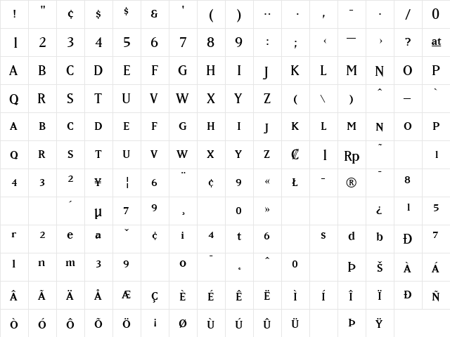 MatrixRegularSmallCaps Regular  glyph index