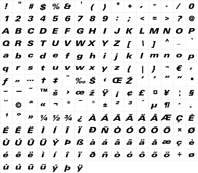 LTUnivers 841 ExtdBlackIt  glyph index