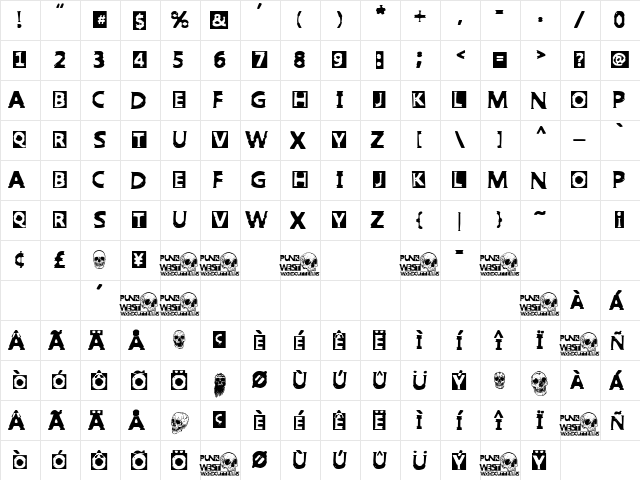 Punk West Regular  glyph index