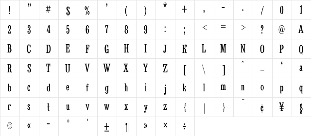 BruskovayaNarrowC Regular  glyph index