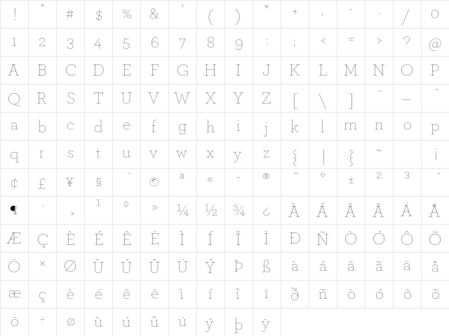 ArcherPro Thin  glyph index
