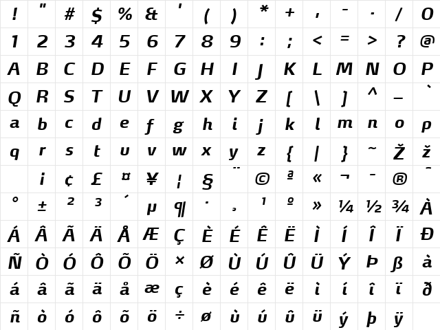 MaxDemiSerifLF-BoldItalic Regular  glyph index